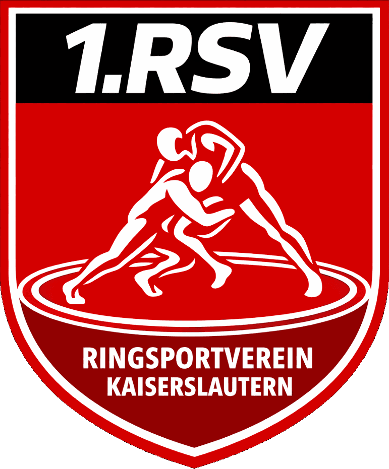 Logo des 1. Ringsportvereins Kaiserslautern mit zwei k&auml;mpfenden Ringern auf rotem Hintergrund.