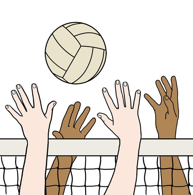 H&auml;nde verschiedener Hautfarben strecken sich nach einem Volleyball &uuml;ber ein Netz, das sich auf einer wei&szlig;en Fl&auml;che befindet.