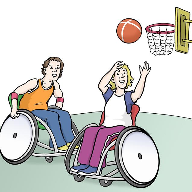 Zwei Personen im Rollstuhl spielen Basketball. Eine wirft einen Ball auf den Korb, w&auml;hrend die andere zuschaut.