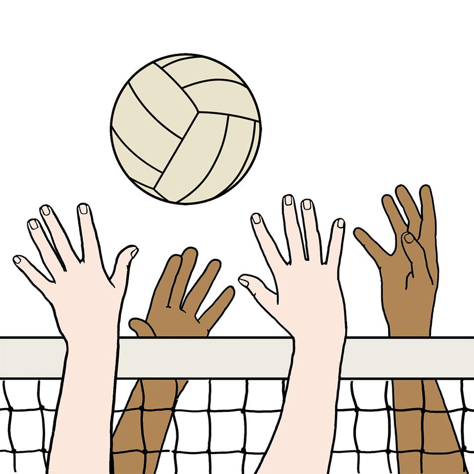 H&auml;nde verschiedener Hautfarben strecken sich nach einem Volleyball &uuml;ber ein Netz, das sich auf einer wei&szlig;en Fl&auml;che befindet.
