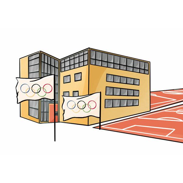 Illustration eines modernen Geb&auml;udes mit olympischen Flaggen und einem Sportplatz im Vordergrund.
