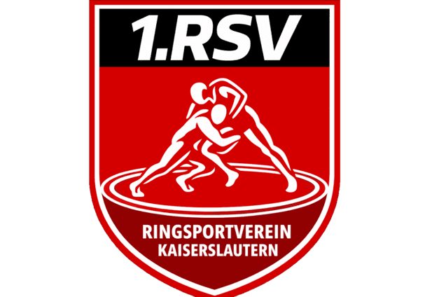 Logo des Ringsportvereins Kaiserslautern mit stilisierten Ringk&auml;mpfern auf rotem Hintergrund.