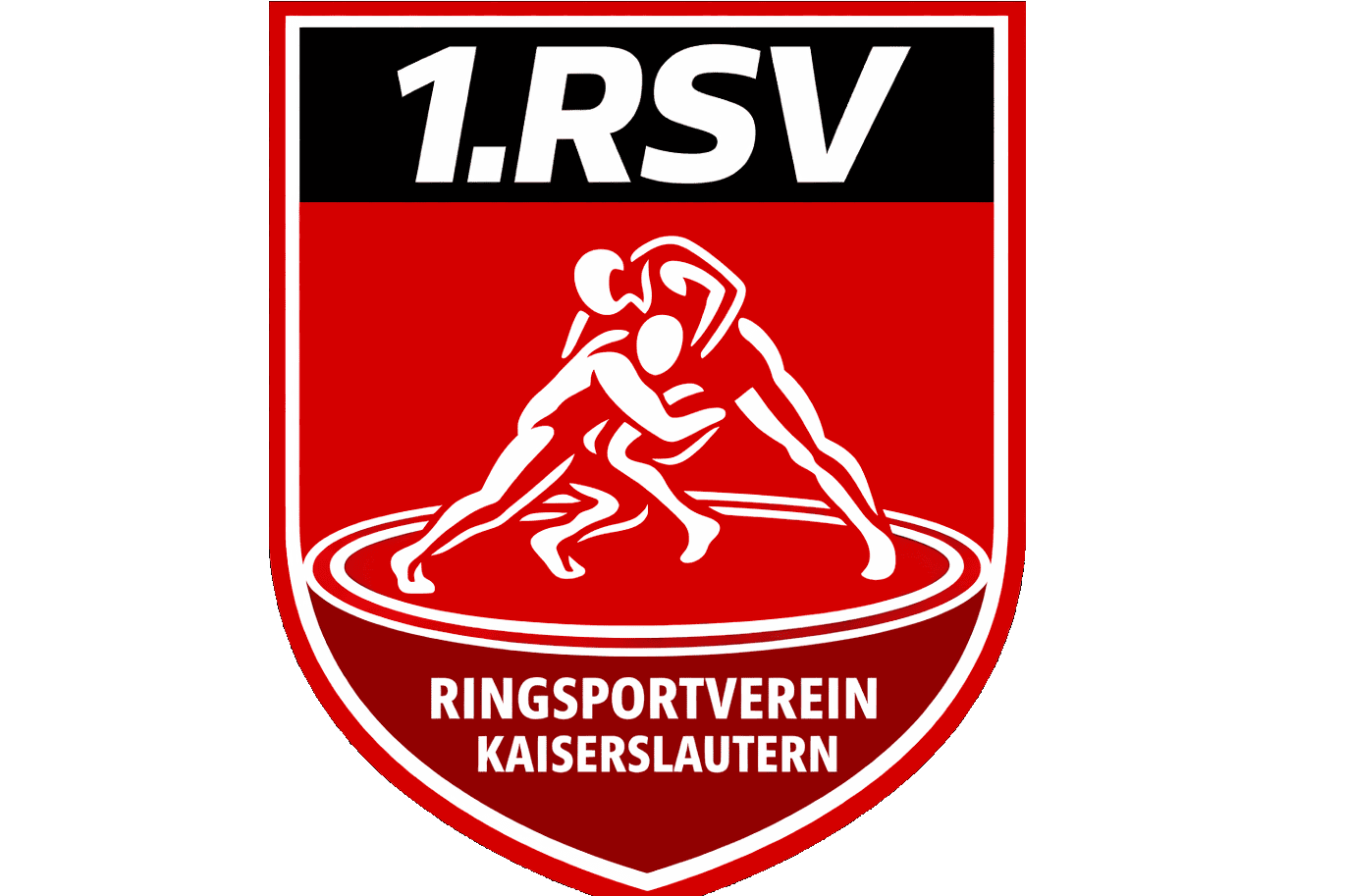 Logo des Ringsportvereins Kaiserslautern mit stilisierten Ringk&auml;mpfern auf rotem Hintergrund.