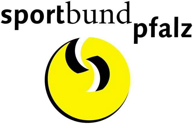 Logo des Sportbund Pfalz: Gelbe Kugel mit schwarzen und wei&szlig;en Elementen, Schriftzug in Schwarz.