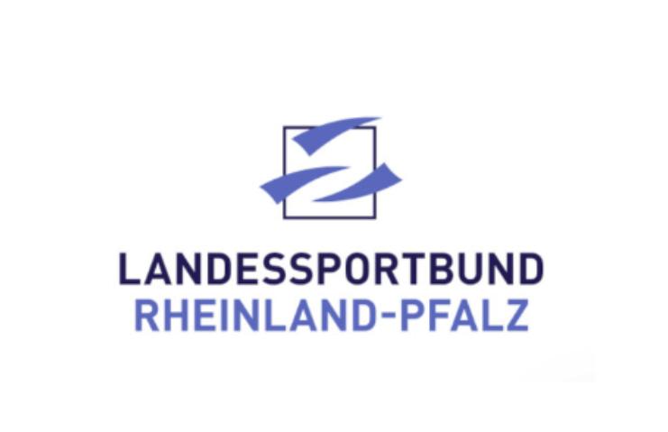 Logo des Landessportbundes Rheinland-Pfalz in Blau und Lila mit abstrakten, geschwungenen Elementen und Text.